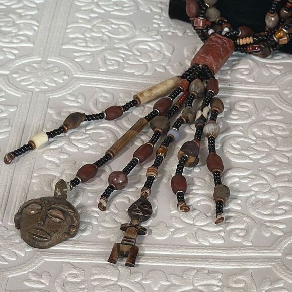 Vintage African Cast Brass Tribal Warrior Multiple Strand Tassel Pendant Necklac - Picture 10 of 16